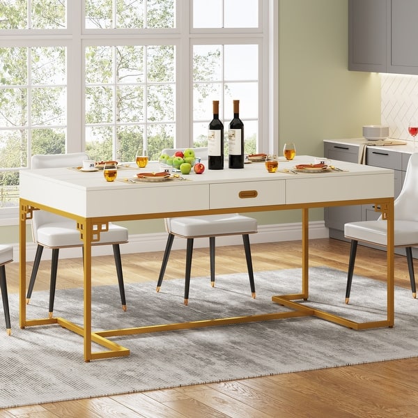 Modern White Dining Table for 4 to 6, 63" Rectangular Kitchen Table with 2 Drawers Bed Bath